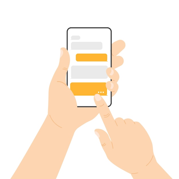 ベクトル 画面にチャット メッセージが表示された携帯電話を持っている手スマートフォン ディスプレイ上の吹き出しボックス