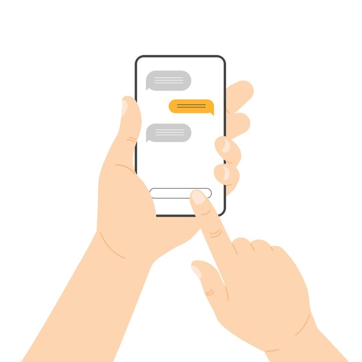 Vector hand holding phone with chat messages on a screen speech bubbles boxes on smartphone display