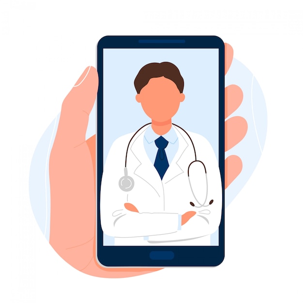 Vector hand holding phone with doctor on screen