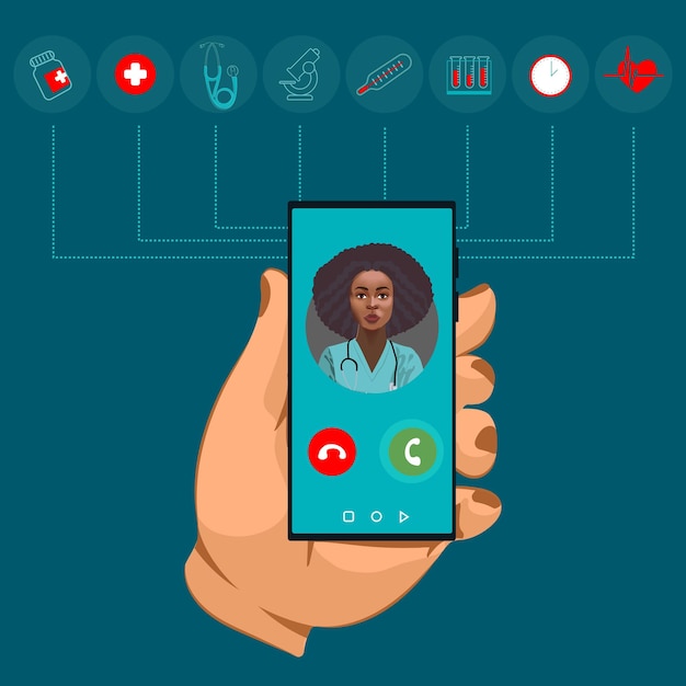 Una mano che tiene un telefono con un medico sullo schermo.