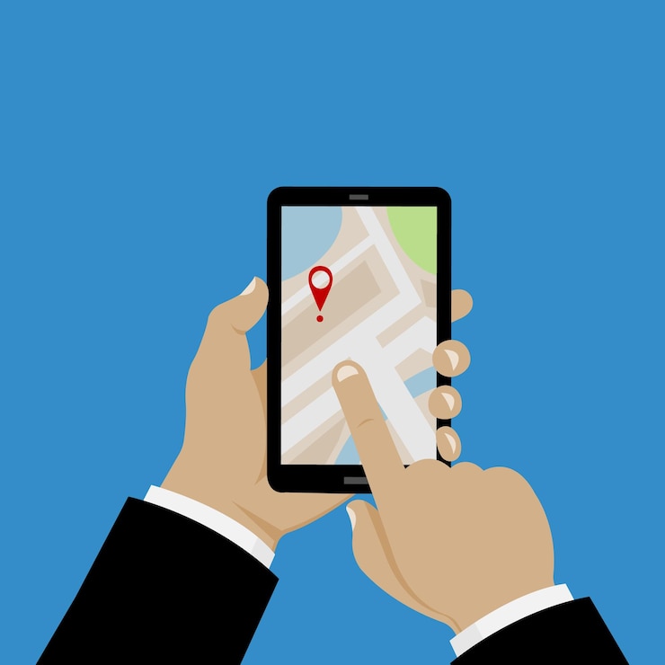 Vector a hand holding a phone with a map on the screen.