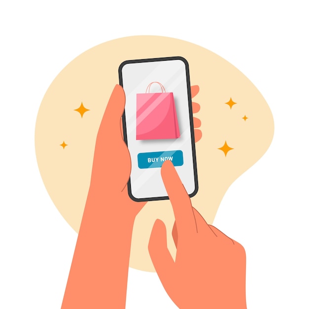 Vector hand holding phone with online shopping concept