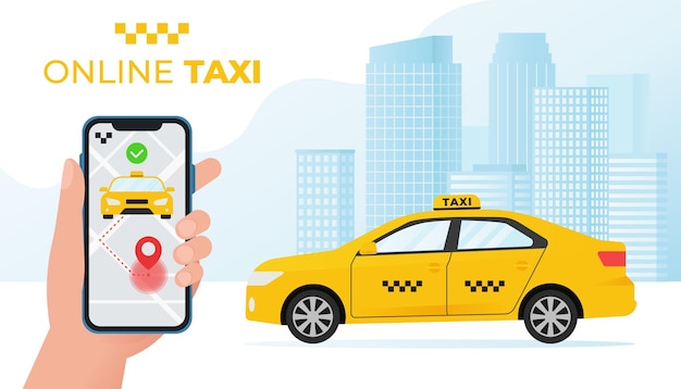 Mano che tiene il telefono con il concetto di servizio taxi online con l'illustrazione gialla dell'auto taxi in stile piatto