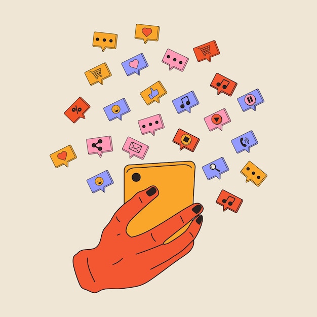 Vector hand holding phone with short messages icons and emoticons chatting with friends and sending new