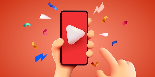 Hand holding phone with video player Video streaming and vlog concept