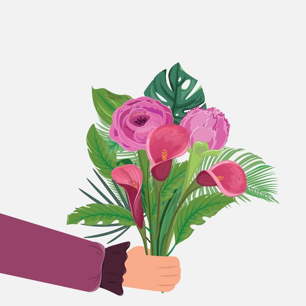 Vector hand holding pions callas and tropical leaves