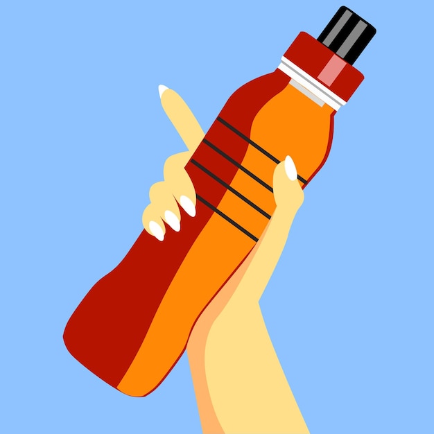 ベクトルで女性の手でドリンクのフラット スタイルの包装でキャップ付きのプラスチック製のボトルを持っている手