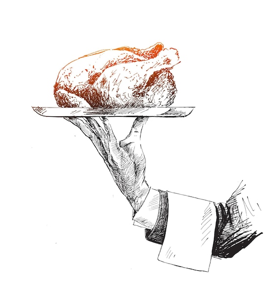 Vettore mano che tiene piatto di pollo arrosto intero schizzo disegnato a mano illustrazione vettoriale