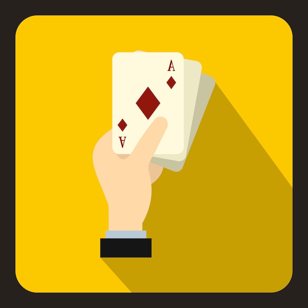 Hand holding playing cards icon in flat style on a yellow background vector illustration