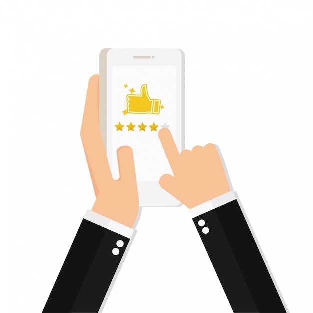 Hand holding and pointing to a smartphone with 5 star rating