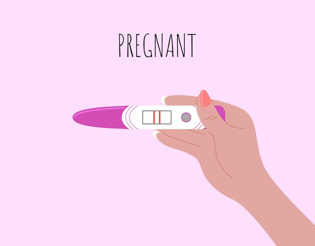 Vector hand holding positive pregnancy test with two stripes. text pregnant. vector  flat illustration.