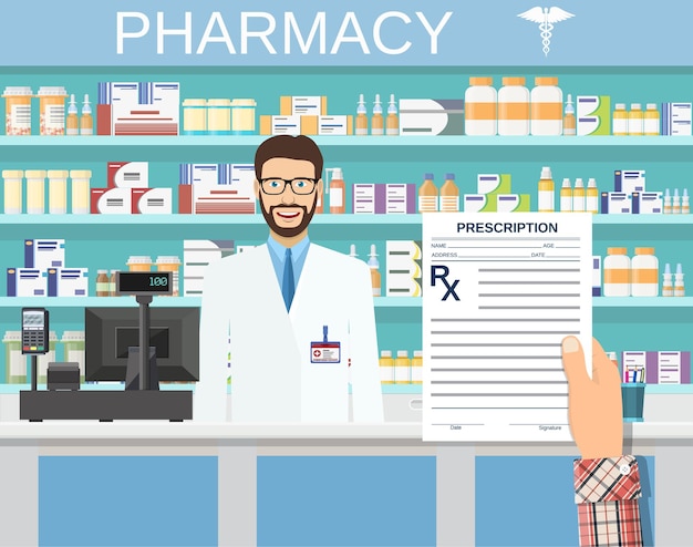 Vector hand holding a prescription rx form.