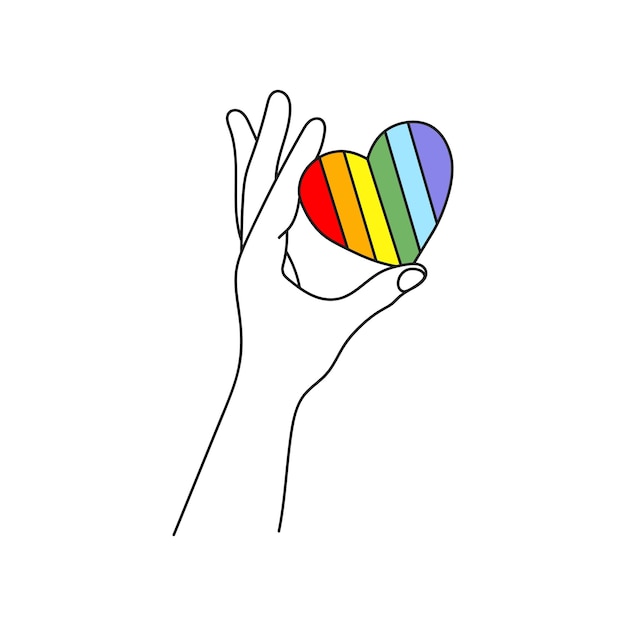 Vettore mano che tiene il cuore arcobaleno simbolo lgbt line art segno di libertà di orgoglio vettore disegnato a mano