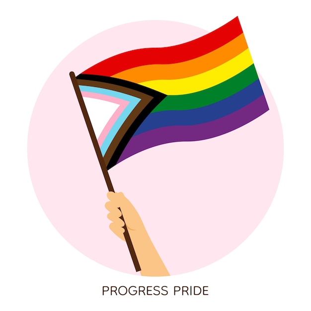 hand holding rainbow progressive pride flag