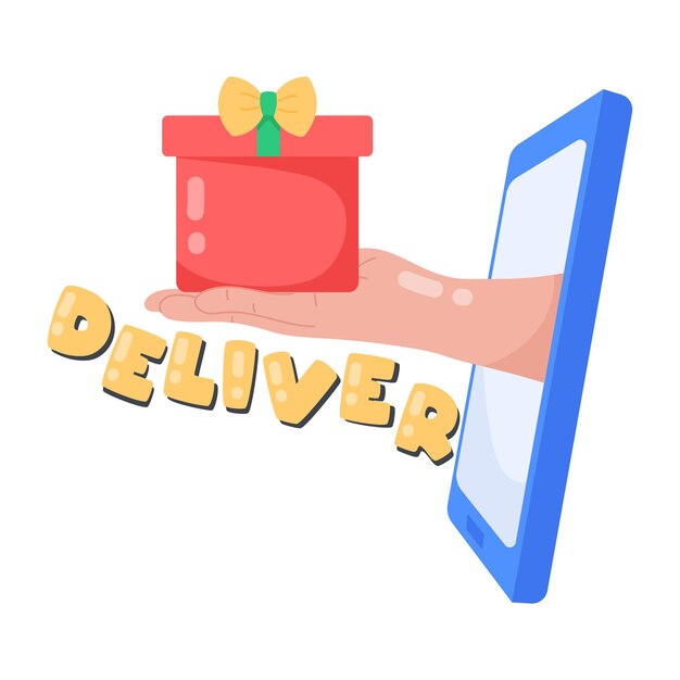 Vector a hand holding a red gift box with the word deliver on it