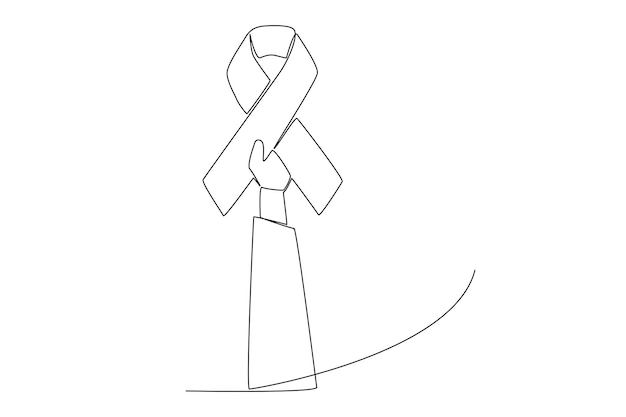 Hand holding a ribbon illustration to support world cancer prevention one line art