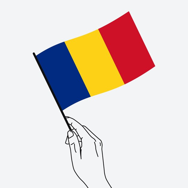 Hand holding Romania flag in line art drawing style Romania hand Flag waving Vector illustration