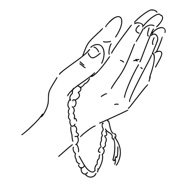 Vector a hand holding a rosary with a yellow tassel on it.