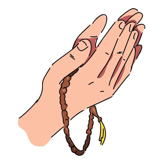 A hand holding a rosary with a yellow tassel on it.