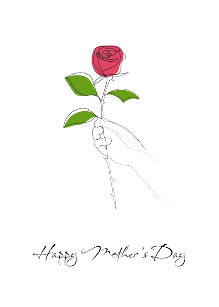 라인 아트 스타일의 장미를 들고 있는 손 Happy Mother's Day