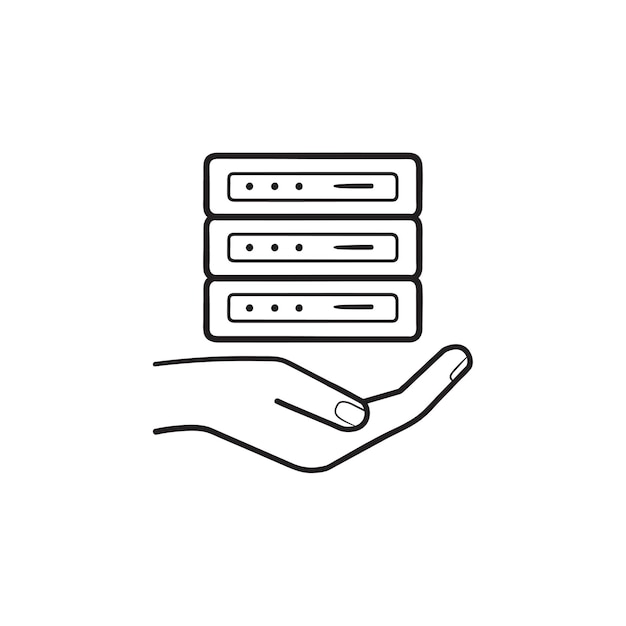 Hand holding server hand drawn outline doodle icon. server hosting, web hosting services, web server concept