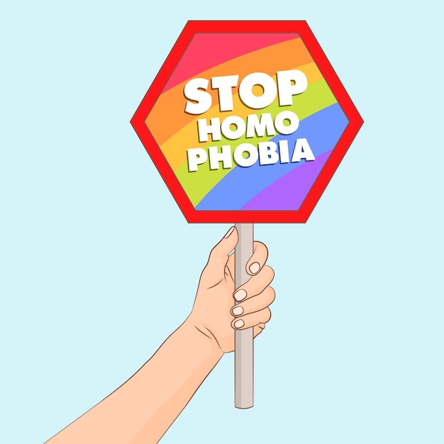 Vector hand holding a sign that says stop homophobia