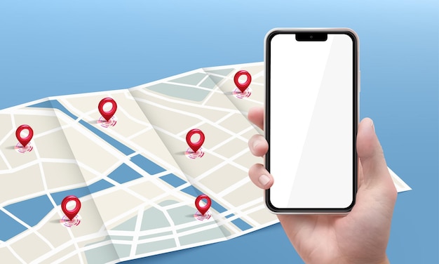 Hand holding smart phone white screen with Gps navigation drop on paper map blue background