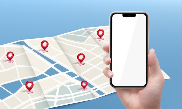 紙の地図の青い背景にGPSナビゲーションドロップでスマートフォンの白い画面を保持している手