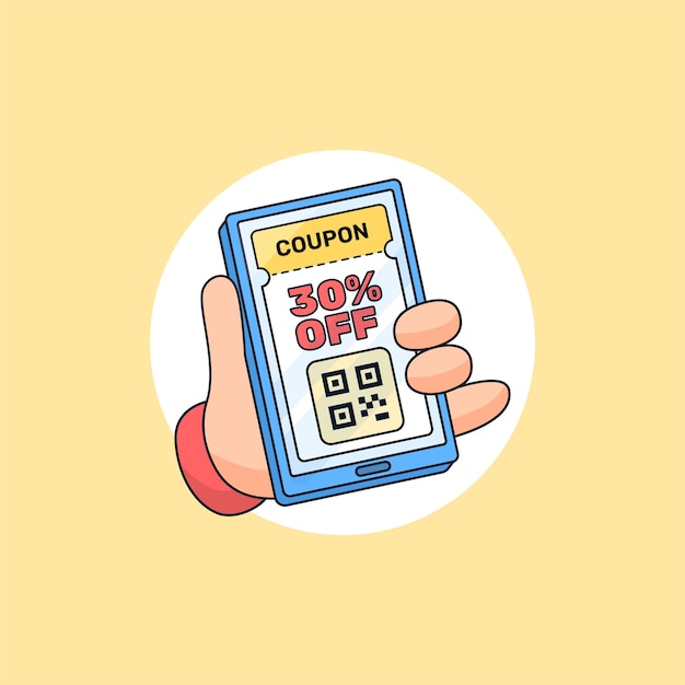 Vector hand holding smart phone with online voucher coupon ticket on screen with barcode vector illustration for social media online shop marketing promotion