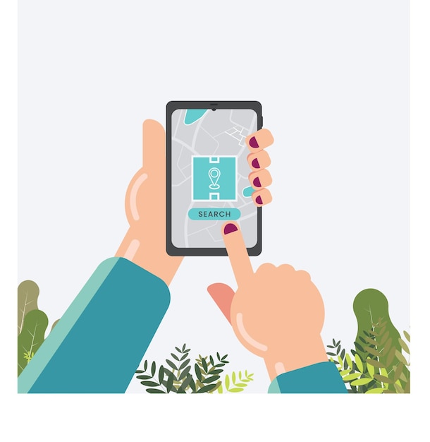 Hand holding smart phone with order tracking on the screen illustration