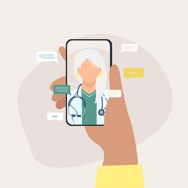 노인 및 경험 많은 의사와 함께 스마트 폰을 들고 있는 손 현대 건강 관리 서비스 및 온라인 원격 의료 개념