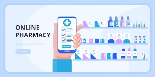 Hand holding smartphone buy online medicine. the concept of online pharmacy.  in flat style