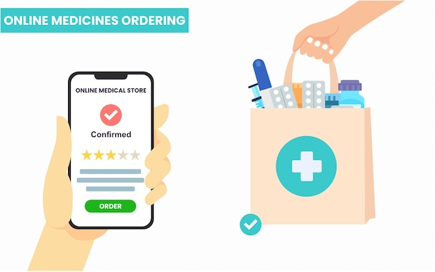 Mano che tiene lo smartphone acquista il concetto di servizi medici online di medicina online