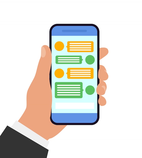 Hand holding smartphone. Chating and messaging concept. illustration. Flat design.