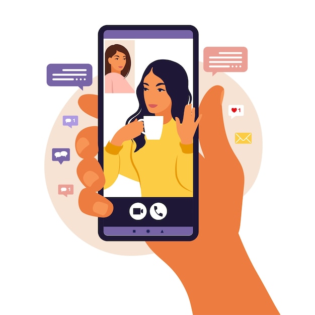 Рука смартфон в чате с другом во время видеозвонка. Целевая страница. Видеоконференция с коллегой, заочная дискуссия. иллюстрация. Плоский стиль.