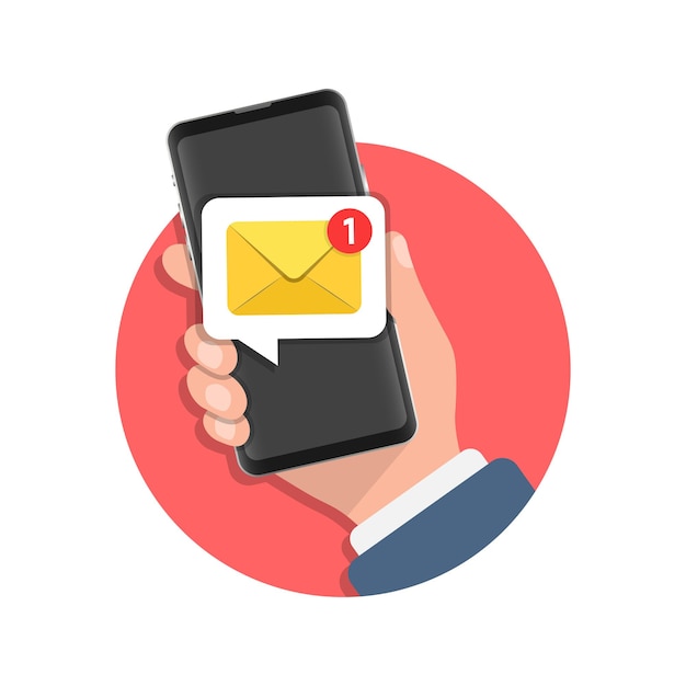 Icona dello smartphone con mano in stile piatto illustrazione vettoriale del messaggio in arrivo su sfondo isolato concetto di business del segno di notifica e-mail