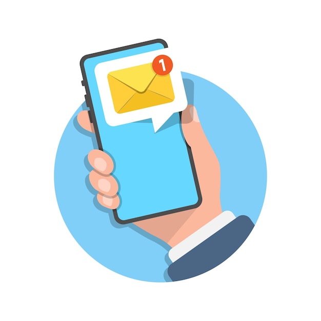 Hand holding smartphone icon in flat style Incoming message vector illustration on isolated background Email notification sign business concept