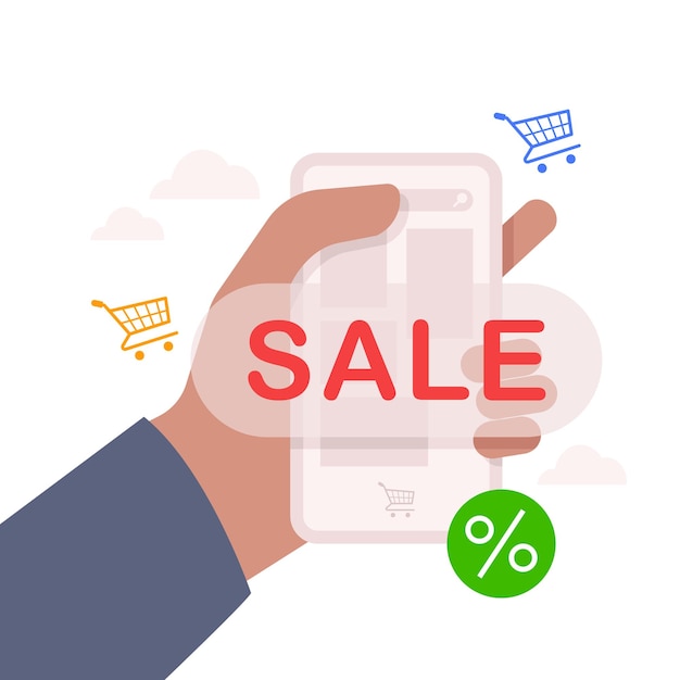 Vector hand holding smartphone online shopping sale concept