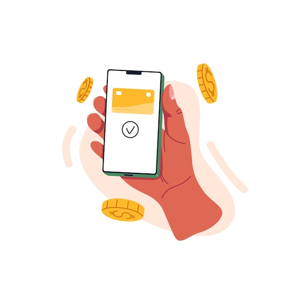 Hand holding smartphone and paying online with digital virtual bank card cashless payment through internet with mobile phone application flat vector illustration isolated on white background