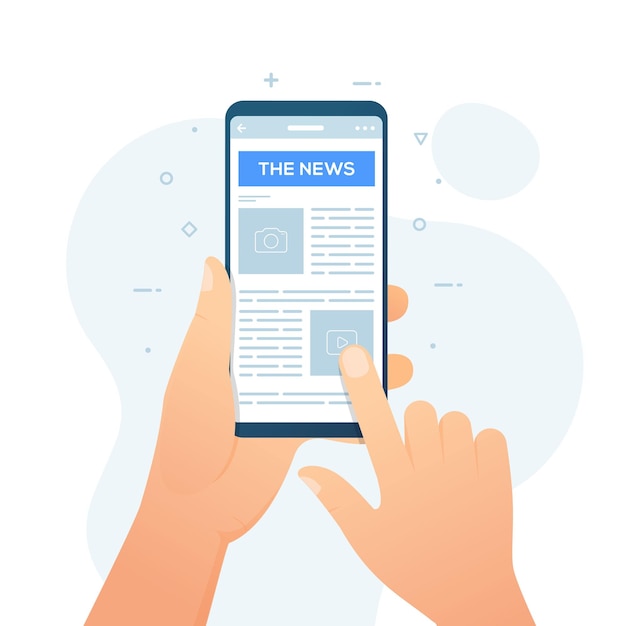 Vector hand holding smartphone reading news on mobile app vector illustration