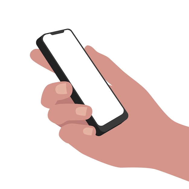 Hand holding a smartphone on white background Template Flat vector illustration