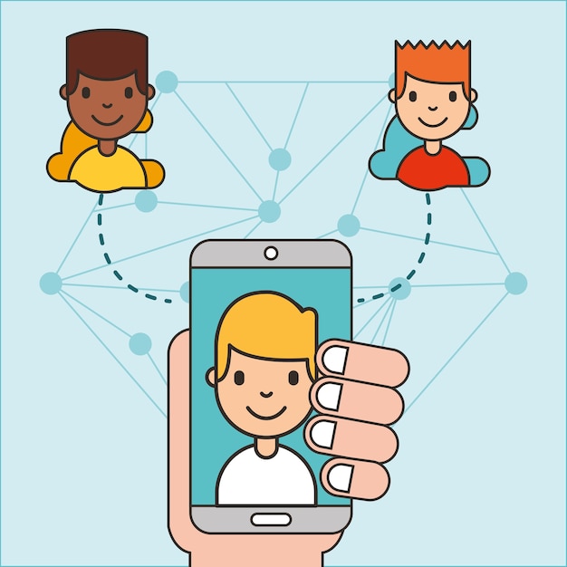 Vector hand holding smartphone with boy on screen