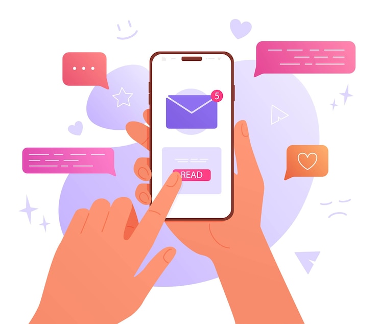 Vector hand holding a smartphone with colorful gradient chat icons and unread messages in a flat style