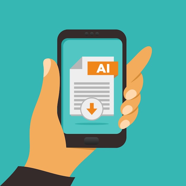 画面上のファイルaiをダウンロードしてスマートフォンを持っている手ベクトル図