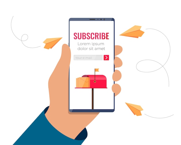 Mano che tiene lo smartphone con il modulo di iscrizione alla posta elettronica sullo schermo mobile iscriviti alla newsletter o