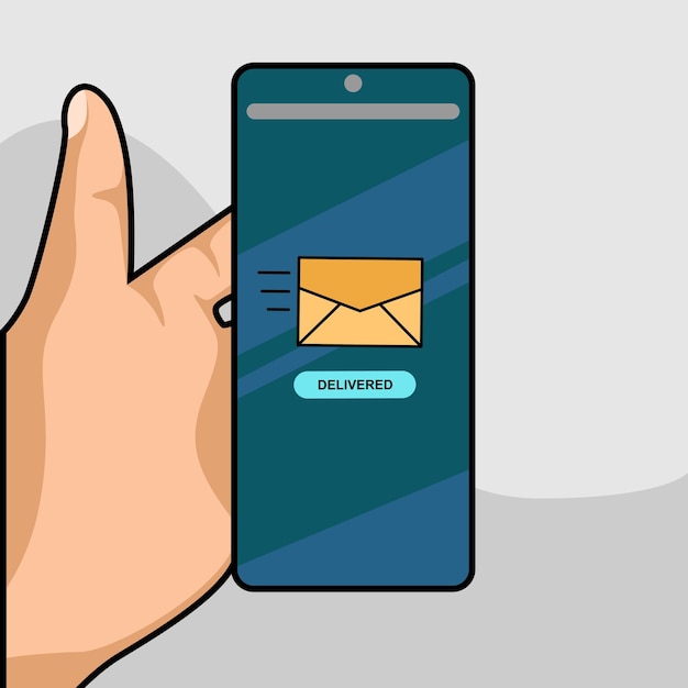 画面にメール記号が表示されたスマートフォンを手に持っているスマートフォン画面に配信されたメッセージ