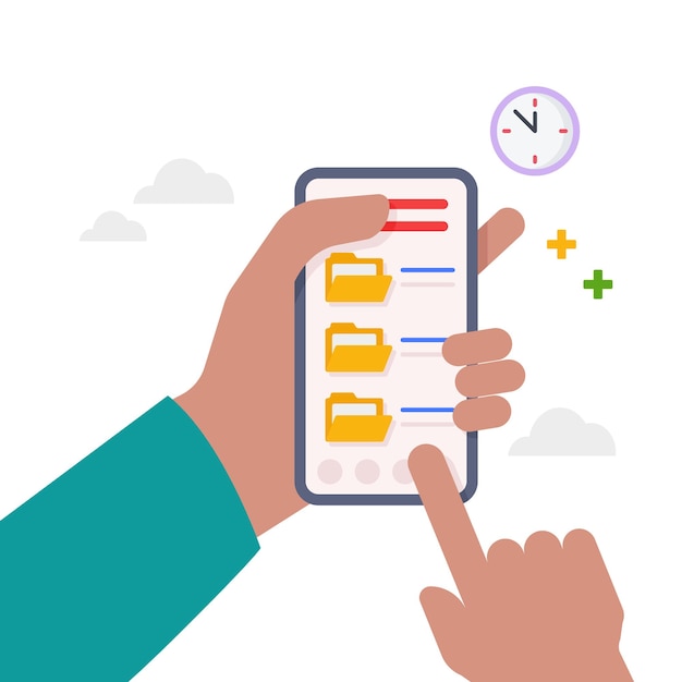 Вектор Рука держит смартфон с папками с файлами