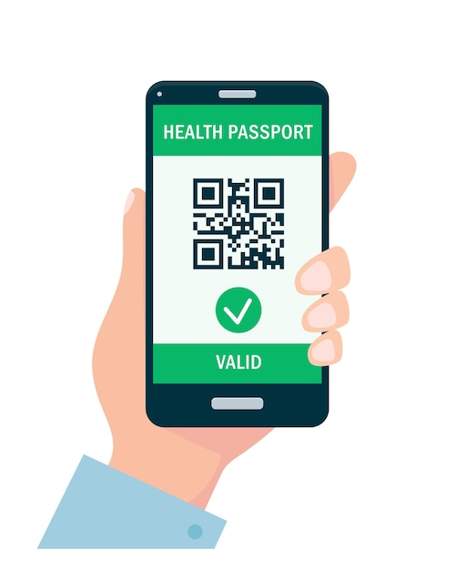 Hand holding smartphone with health passport qrcode covid19 immune passport vaccine certificate