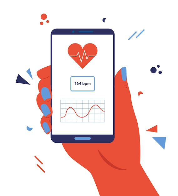 Hand holding smartphone with heart rate monitoring app.