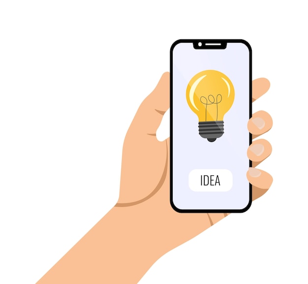Hand holding smartphone with light bulb and idea button on screen